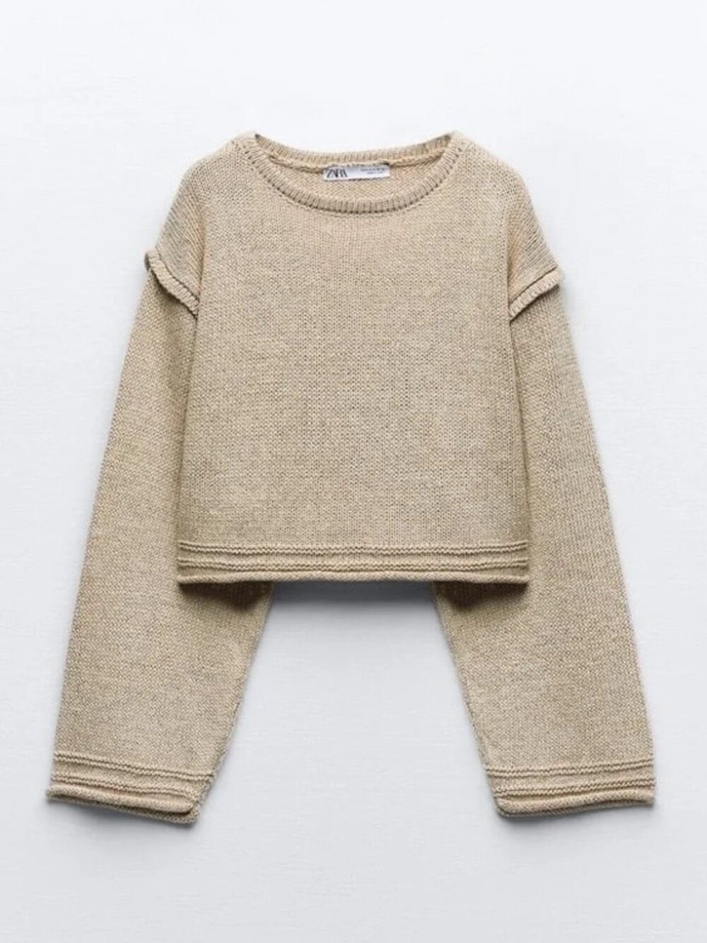 Zara Linen Blend Cropped Knit Sweater Beige Medium